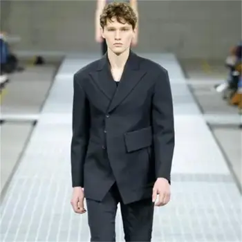 Мъжки индивидуален костюм, ново модно асиметрично палто със средна дължина, в европейския и американския стил, мъжки моден костюм, с голям джоб