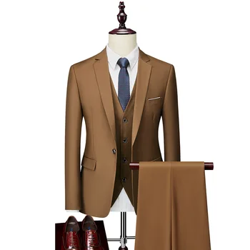 Мъжки костюм, комплект от 3 теми, монофонични оборудвана бизнес костюм за почивка, банкет, сватба, рокля на булката, яке, жилетка с штанами