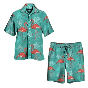 Мъжки костюм с принтом Фламинго, риза с 3D-принтом, плажни шорти, луксозен комплект от 2 теми, Хавайски градинска дрехи за почивка, Модерен мъжки костюми