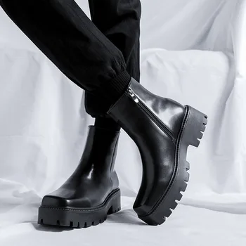 мъжки модни обувки на платформа, черни обувки с квадратни пръсти, рокля в стил пънк-рок, каубойски ботуши на 