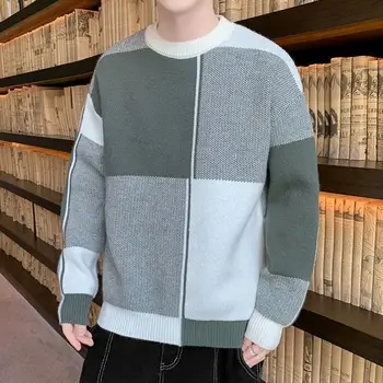 Мъжки пуловер в контрастен цвят, с кръгло деколте, мъжки пуловер с геометричен принтом, вязаный мъжки пуловер с кръгло деколте и дълъг ръкав за есен-зима