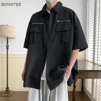 Мъжки ризи-карго, проста наградата на американската градинска дрехи, тактическа мешковатая облекло Y2k Риза Лятна универсална дреха за колеж за хипстеров