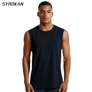 Мъжки спортни блузи от памук SYROKAN за фитнес, ризи без ръкави, тренирайте мускулите, Черни дрехи за фитнес, ежедневни спортни дрехи на бретелях, лято