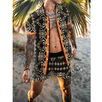 Мъжки Хавайски лятна плажна риза с принтом 2024, къси Панталони за почивка и пътуване, Новият мъжки комплект S-3XL