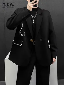 Мъжки черен костюм Дизайн якета С нитове към една пуговице Свободен приятелка Индивидуален Блейзър Палто Нова Демисезонная мъжки връхни дрехи с дълъг ръкав