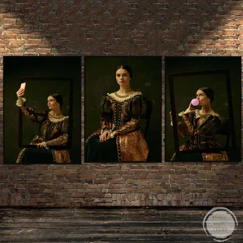 Най-забавната Жена Селфи Портрет от Дъвченето на Дъвка Плакат Платно Картина Печат на Стенно Изкуство Картина за Хола Стените на Дома Куадрос