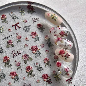 Направи си сам Ретро цветя 3D самоклеящийся стикер за нокти Червена роза за нокти Декоративна стикер за нокти Ретро Цветя рози