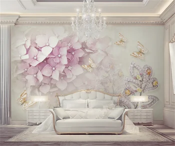 Настройте всякакъв размер, стенни тапети, Скандинавски лилаво цвете кристал лист пеперуда 3d стерео тапети декорация на дома стикер за стена