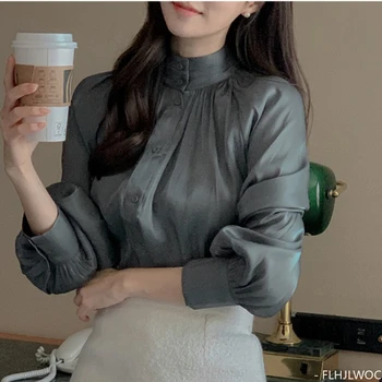 Нежна, мила, Корейската елегантна риза С ръкави-фенерчета, Светли Корея базова риза с копчета до половината на врата, Елегантни блузи в стил ретро, Реколта блуза