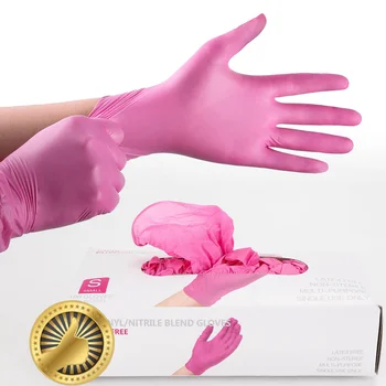 Нитриловые ръкавици, Розово винил, 100шт, Хранителни, Водоустойчиви, не Причиняват алергии, за Еднократна употреба, Работни ръкавици, за жени и момичета, Домакински почистване