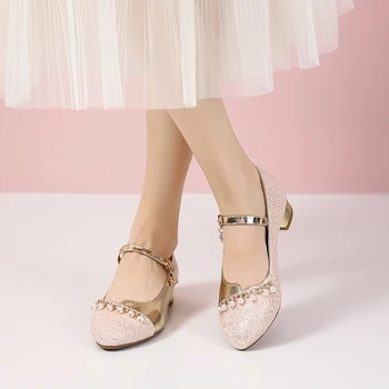 Нов дизайн, кристални обувки за момичета на принцеси, училищни кожени обувки на висок ток, студентски детски танцови обувки 2A