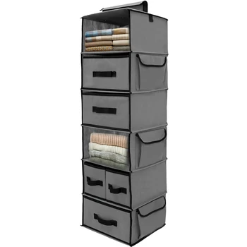 Нов окачен шкаф-органайзер с 6 рафтове, Сгъваема организация подвесного гардероб и за съхранение с 5 подвижни чекмеджета, 6 странични джобове