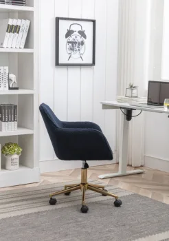 Нов плюшено текстилен стол с регулируема височина, отточна тръба на шарнирна връзка за вашия домашен офис в помещението, със златни крака, тъмно син