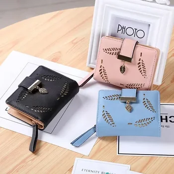 Нова корейска версия на кратък чантата си жена с цип обтегач кухи листата са малки портфейл портфейл карта чанта
