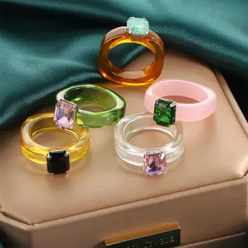 Нова Прозрачна смола, акрил, Планински кристал, Цветни Геометрични Квадратни, Кръгли пръстени за жени, бижута, подаръци за партита