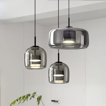 Нови минималистичные висящи осветителни тела от опушен-сиво стъкло Nordic Black за ресторант, просто прикроватное led осветление за спалня