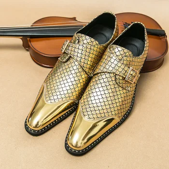 Новост 2023 година, луксозни златни мъжки кожени обувки, мокасини, дизайнерски модела обувки с остър бомбе, мъжки сватбени и официални обувки Голям размер 38-46