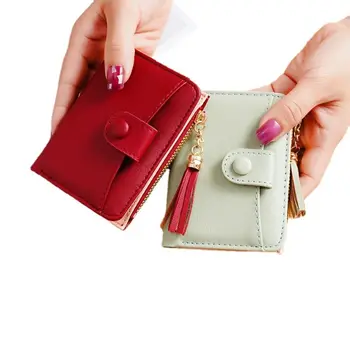 Обикновен портфейл с пискюли, модерен кратък портфейл с цип, клатч в корейски стил, държач за карти с пискюли, за пътуване
