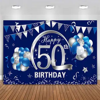Обичай Честит 50-ти Рожден Ден Декорация на Партита Фон Банер Петдесет 50 Години Син на Сребърен Фон за Снимки За Мъже Жени