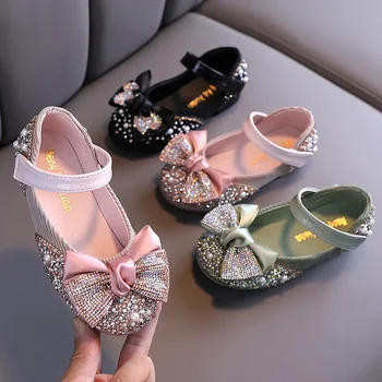 Обувки принцеса с лък за момичета, детски модни обувки от естествена кожа със кристали, детски обувки за изказвания за малки момичета, обувки за партита, танцови обувки