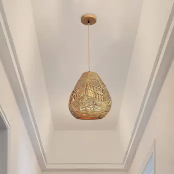 Окачен лампа в стил ретро, изтъкан от ратан, окачена лампа, изтъкан от ратан, калъф за полилеи, държач за крушка, окачена лампа за дома ресторант