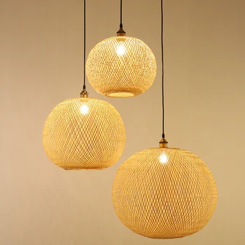 Окачен лампа от плетеного бамбук, креативна полилей от ратан за всекидневна, бар ретро тъкани окачен лампа