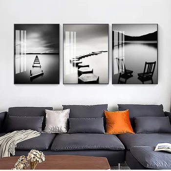 Печат на снимки за домашен интериор на хола Черно-бял пейзаж Платно Живопис Камък Дървен мост Плакати Стенно изкуство