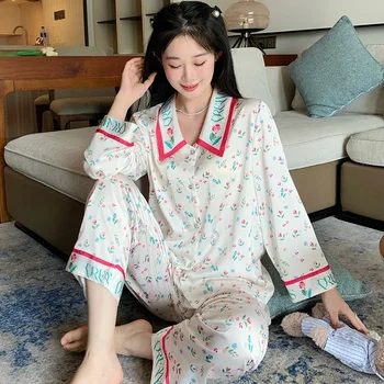 Пижама от ледената коприна, за жени, пролет и есен, висококачествен комплект домашни дрехи от фина коприна с дълги ръкави 2024 година, летен комплект