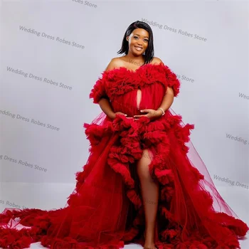 По-големи размери червен тюл Дамски рокли за бала и за бременни фотосесия Халат за баня с открити рамене Окото пижами за бременни нощница на поръчка