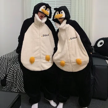 Прекрасен Penguin Двойки Пижами Тела на Жените и Мъжете Пижами Зимни Изолирана Пижама С Качулка Коралов кадифе Свободни Тела на Меките Топли