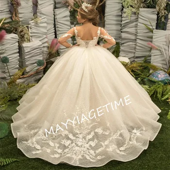 Прекрасна рокля за момиче с цветя модел, буйна тюлевая лейси апликация, цветя сватба, първо причастие, на рождения ден на детето.