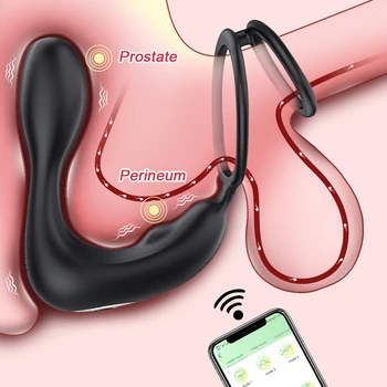 Приложение Bluetooth Мъжки Масажор на простатата Безжично дистанционно вибратор Двоен пръстен за забавяне на еякулацията Анален накрайник Секс Играчки за мъже Анален накрайник