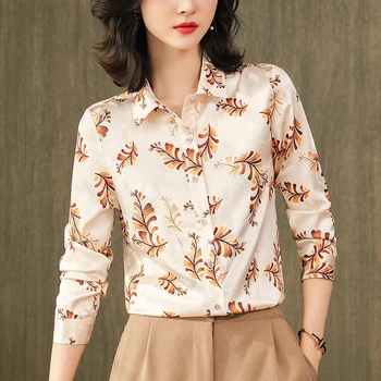 Пролет-Есен, Женска риза от естествена коприна, модерна блуза с дълъг ръкав, Елегантни дамски блузи с принтом, Дамски ежедневни блузи, Дамски дрехи
