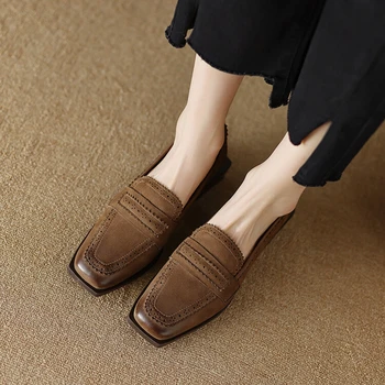 Пролетни дамски лоферы 2023 година, Обувки от естествена кожа с квадратни пръсти, дамски обувки в масивна обувки, дамски обувки-лодка с перфорации тип 