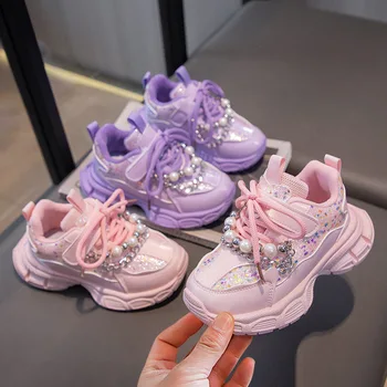 Пролетно-есенен детски обувки принцеса с розови перли, кристални маратонки за момиченца, Окото Дишаща модни и ежедневни детски обувки 26-3