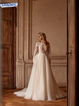 Прост халат на булката с кръгло деколте и дълъг ръкав, блестящи апликация, пайети, сватбена рокля, Елегантна дълга сватбена рокля трапецовидна форма Robe De Mariée