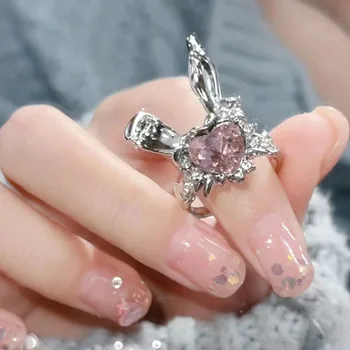 Пръстен със заек, женски Кристални пръстени, сватбени декорации за двойки, сладък Модни открити метални орнаменти сребрист цвят