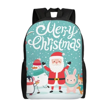 Раница Весела Коледа с принтом Дядо Коледа и снежен човек, двойна чанта през рамо, раница за лаптоп, чанта за пикник за мъже и жени от 16 инча