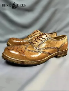 Реколта Дизайнерски Мъжки Модел Обувки От Естествена Кожа От Конска Кожа, Делови И Официални Издълбани Обувки-Броги Ръчно Изработени, Офис Мъжки Работни Обувки-Cargo