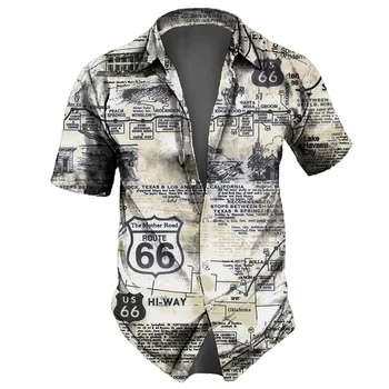 Реколта мъжки ризи с принтом Route 66, Блузи с къс ръкав, летни дрехи, риза с шарките на американски забележителности, тениски оверсайз, градинска облекло
