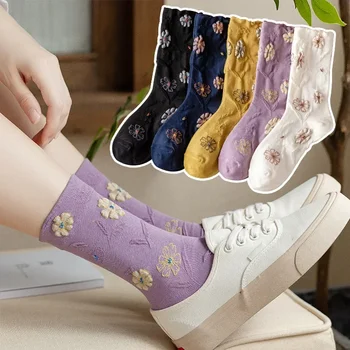 Реколта Памук, Дълги Чорапи Сладък Kawaii Crew Дамски Чорапи Harajuku Ретро Дамски Чорапи С Флорални Е Изписано За Прекрасни Момичета Японската Мода