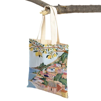 Реколта чанта за пазаруване с гледката на Барселона Санторини Позитано Дамски чанти, за пазаруване с двойно принтом Женски холщовые чанти-тоут