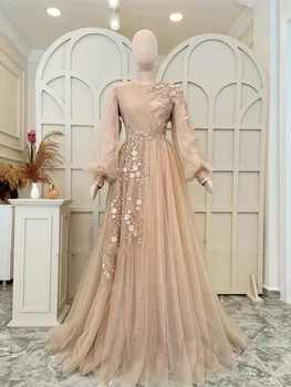 Розов тюл Трапецовидна форма, с кръгло деколте и Пищна дълги ръкави, Елегантна Секси Вечерна рокля на Принцеса Сватбена Рокля на шаферка, Денс парти