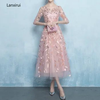 Розова дълга рокля с ръкав три четвърти и цветисти принтом, женски есента модно свежа сладка рокля трапецовидна форма с цип за банкет
