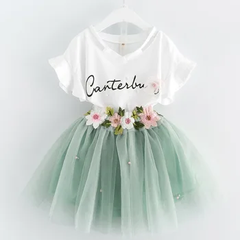 Рокли за момичета 2023, брандираната детски дрехи, тениска с надпис с ръкав-пеперуда, с рокля от цветя воали, 2 бр. комплекти за дрехи, детска рокля