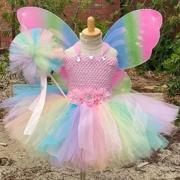 Рокля фея-пеперуда за момичета в пастелни цветове, бебешка рокля-пакетче с цветя, облекло с крила, детски костюми за рожден Ден, Хелоуин, Коледа, плат
