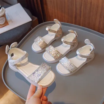 Сандали за момичета, Лятото 2023, Нови детски кристални обувки на принцесата подметка, бродирани с пайети, Заячьи уши, Детски сандали с отворени пръсти