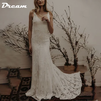 Сватбена рокля Русалка DREAM с V-образно деколте без ръкави в стил Бохо 2023, Дантелено Сватбена рокля с отворен гръб и влак, сшитое по поръчка