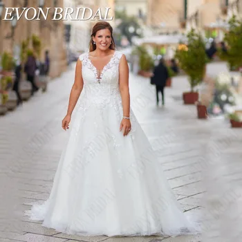 Сватбени рокли EVON BRIDAL Beach Големи размери С V-образно деколте, завързана аппликацией, без ръкави, копчета, Сватбената рокля трапецовидна форма, Vestido De Новия