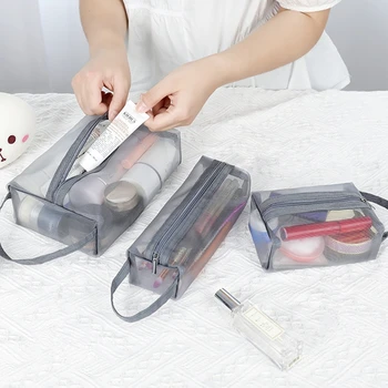Сиви дишащи найлонови мрежести козметични чанти Косметичка за грим Прозрачен Преносима чанта за тоалетни принадлежности Пеналы за съхранение на червило
